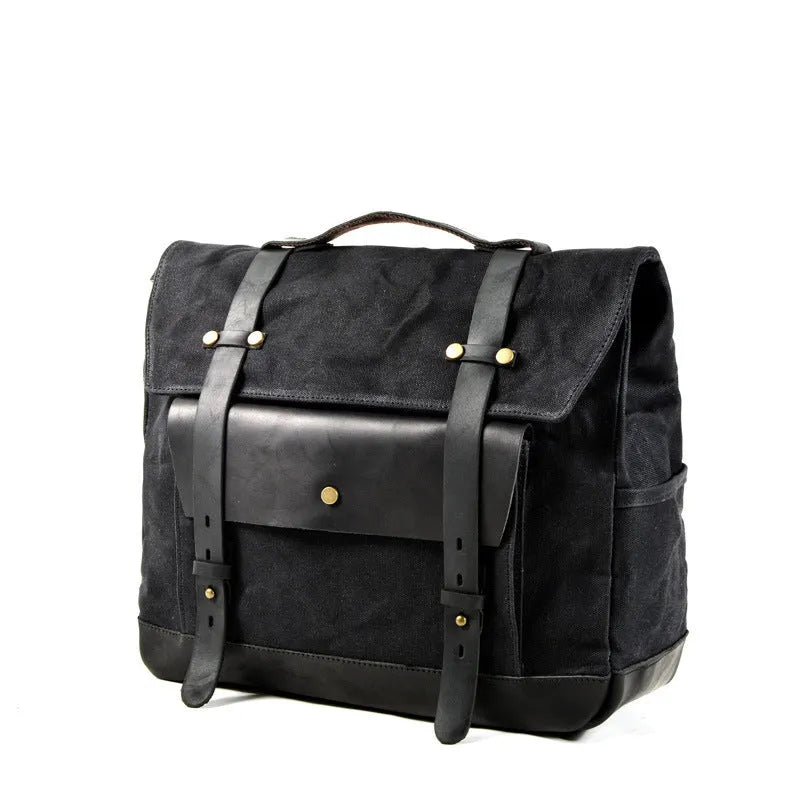 Camel Knight retro cotton messenger bag in army green showing size and internal pockets.