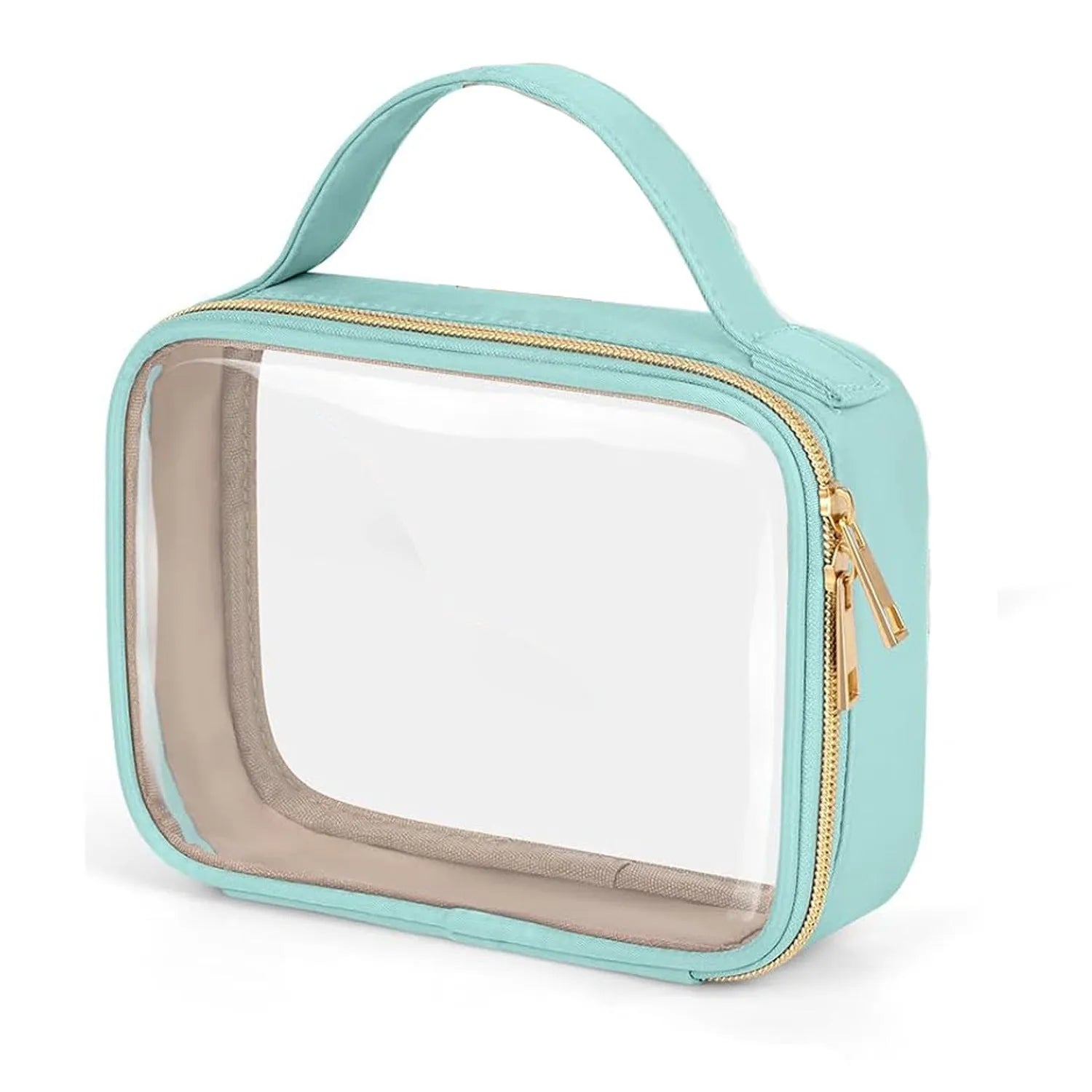 Transparent PVC wash bag showing cosmetics inside with chain handle