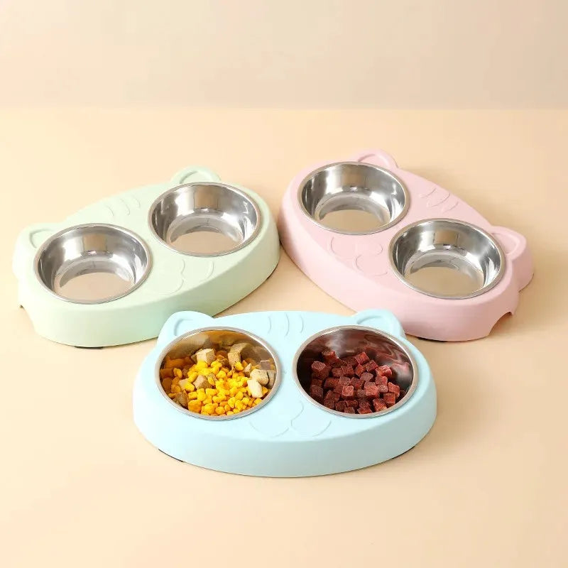 Macaron pet double bowl plastic feeding tray in blue green pink colours measuring 26.5 x 17 x 4 cm