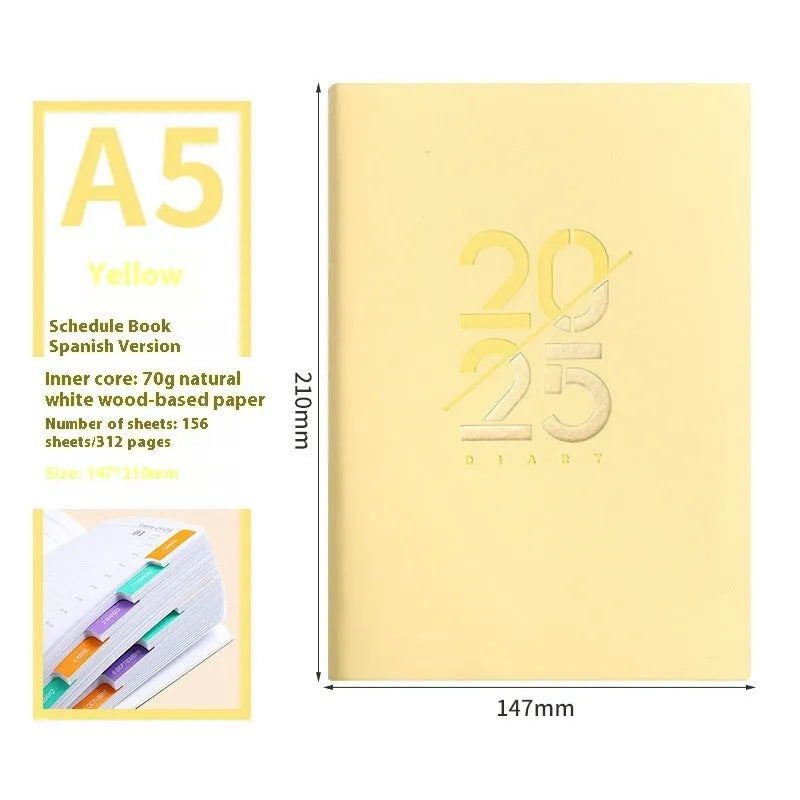 A5 daily planner with soft faux leather cover showing multiple colour options including pink yellow purple blue green