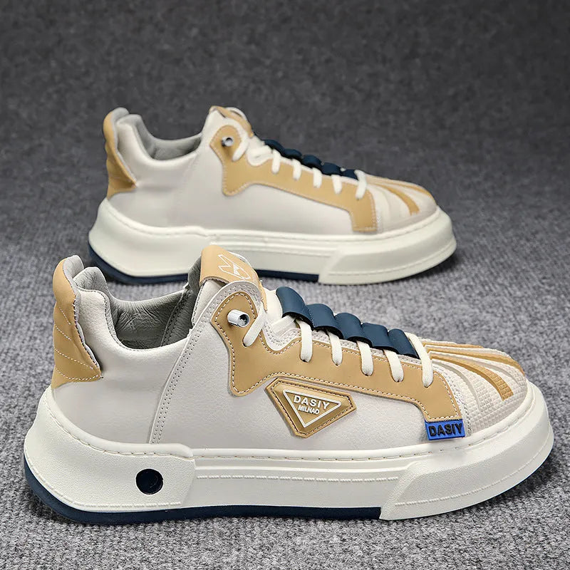 Men's beige low-top casual sneakers with elastic band fastening and leather stitching detail on microfiber upper.
