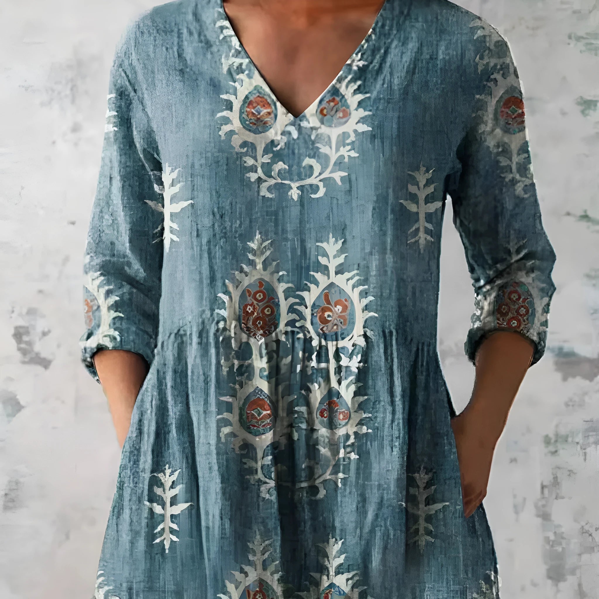 Women's printed loose wave dress with wide waist and three-quarter sleeves in a floral pattern.