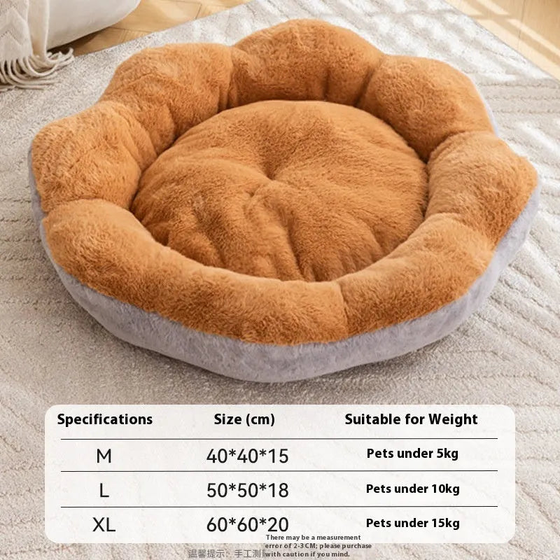 A thick round rabbit plush cat bed with a removable washable cover, shown in a brown grey colour.
