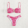 Women's floral bikini swimsuit with high-waisted briefs in blue, orange, pink, or rose red colours