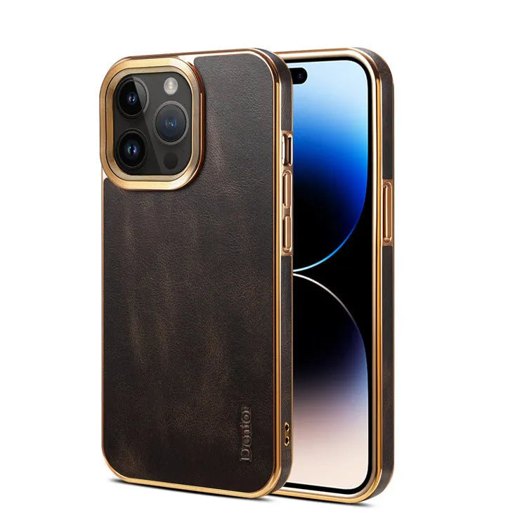 Handmade slim leather protective case for iPhone in black, shown fitted on a phone.