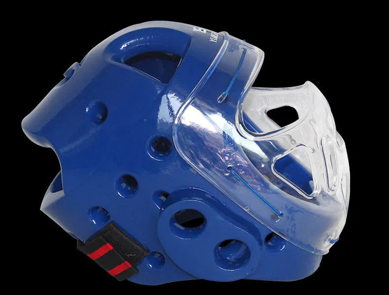 Karate helmet protective equipment in white blue red colours with S M L XL sizing for boxing head protection