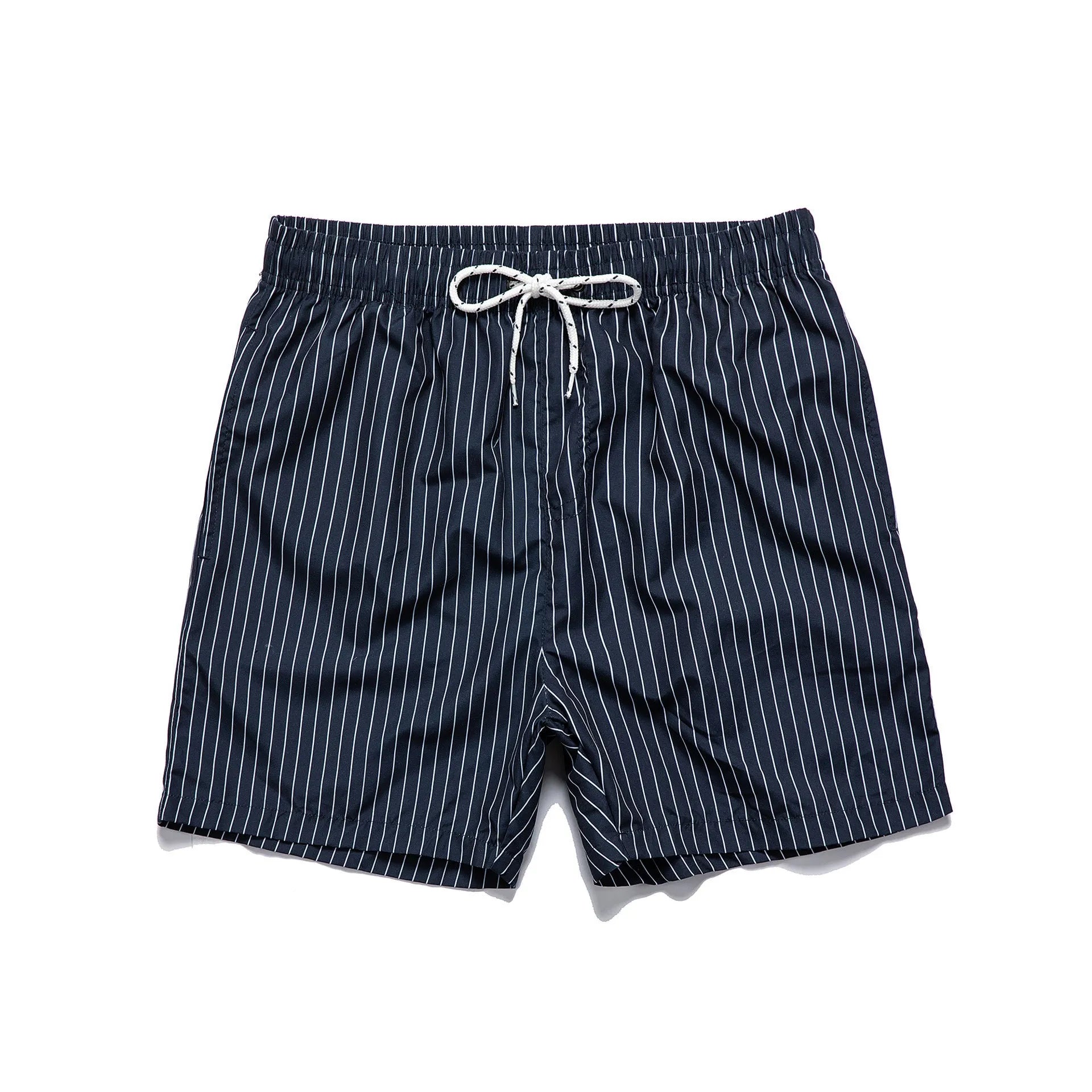 Men's striped beach shorts in polyester blend fabric, showing straight leg opening and available colour options.