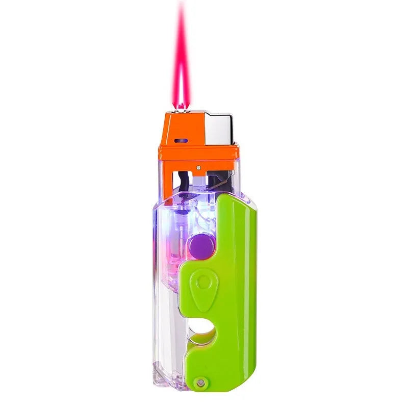 Colourful windproof plastic lighter with luminous radish design in green, orange and purple options