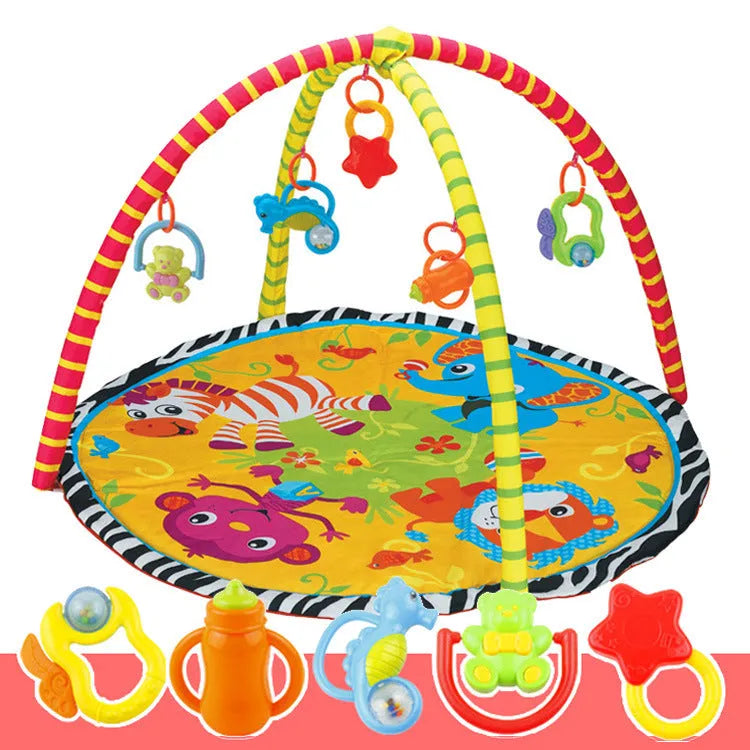 Velvet fabric baby play mat with printed animal designs, shown as a crawling carpet.