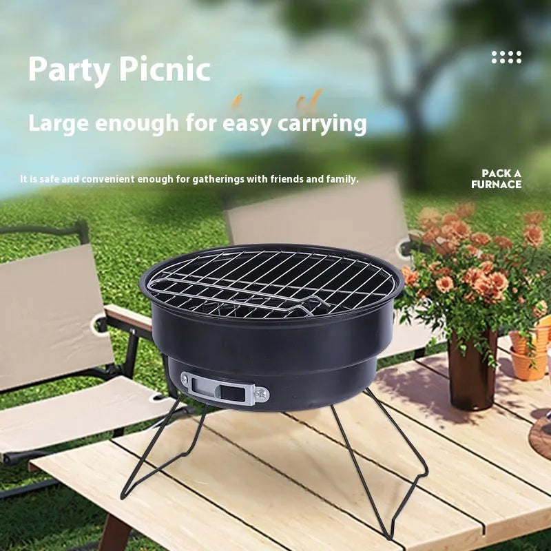Small folding round outdoor ice stove with grill mesh, legs, and accessories for 1-2 people