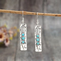 Retro silver alloy dangle earrings with long strip geometric shape and turquoise inlay