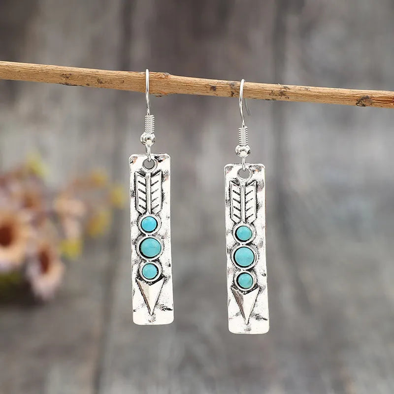 Retro silver alloy dangle earrings with long strip geometric shape and turquoise inlay