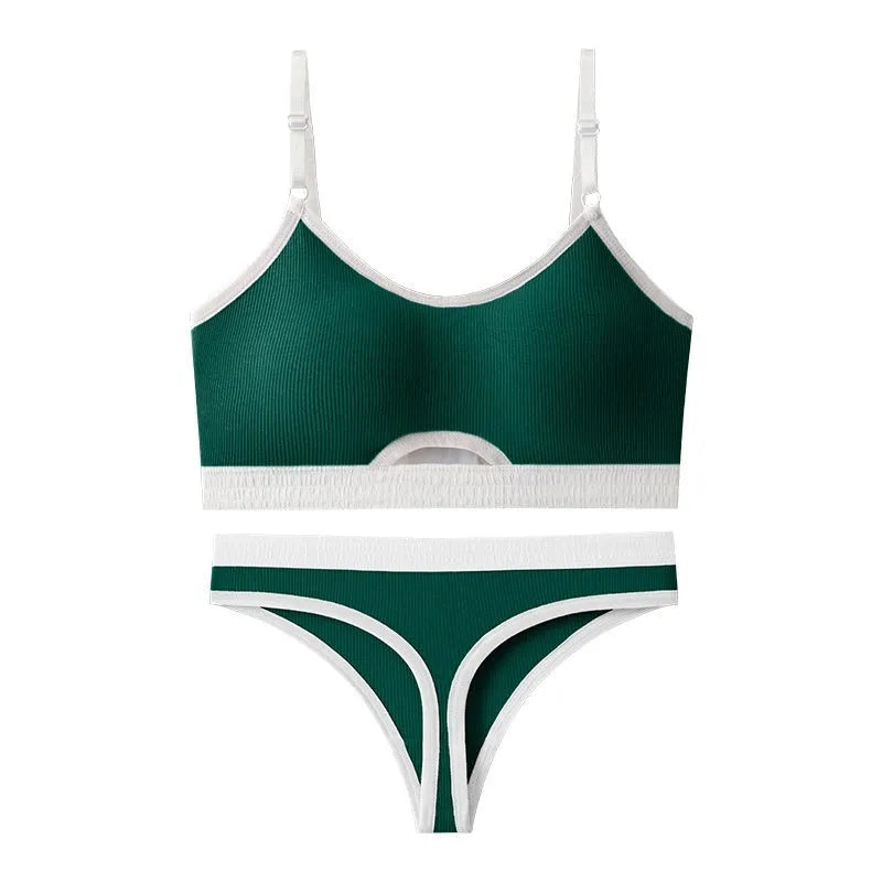 Women's contrast colour sports bra and briefs set with underwired tube top and thin moulded cups.