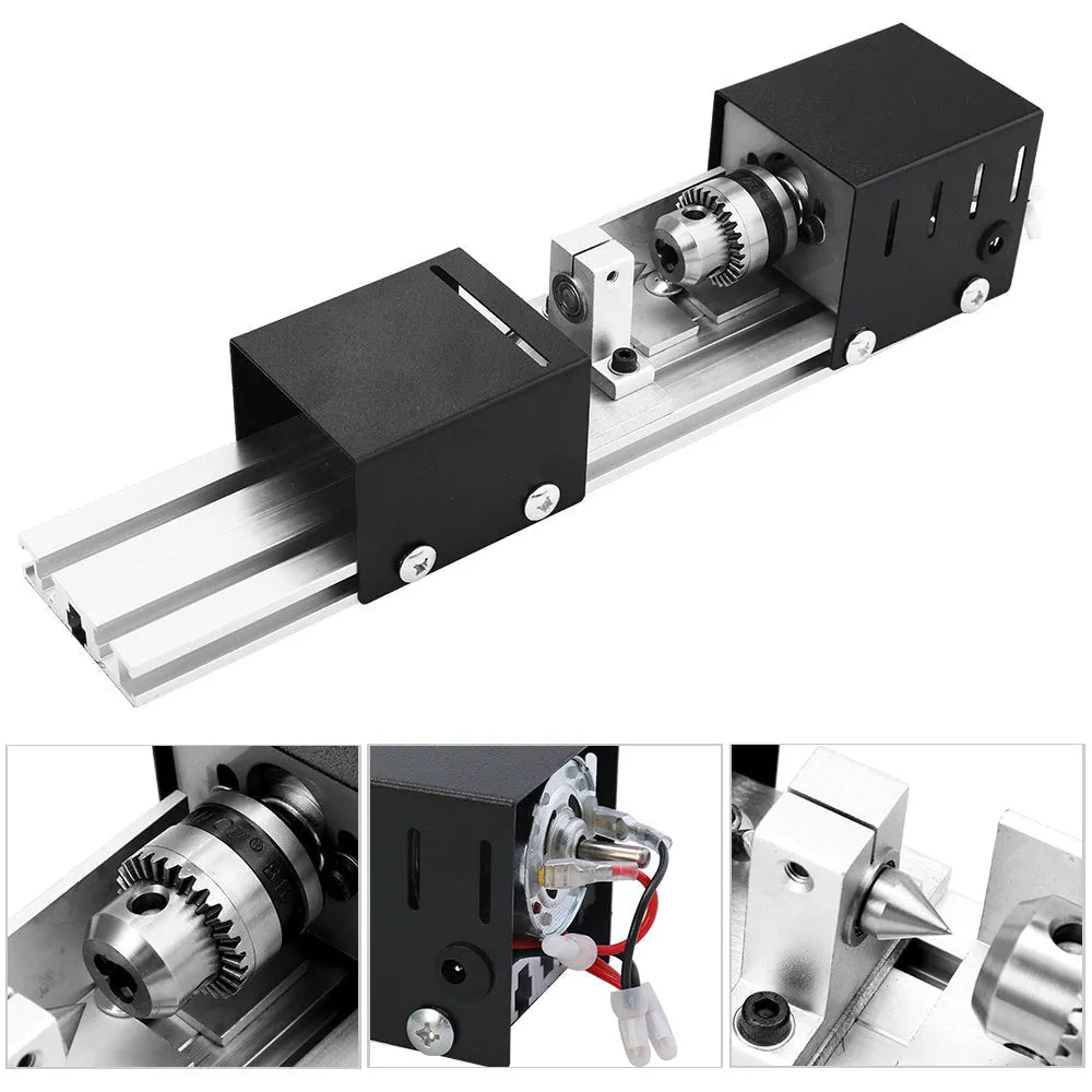 Mini metal woodworking lathe with carving knives and accessories for small craft projects