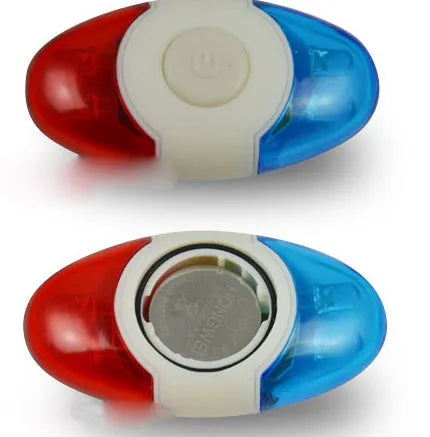 Red and blue LED bicycle tail light with adjustable mounting base shown in horizontal position.