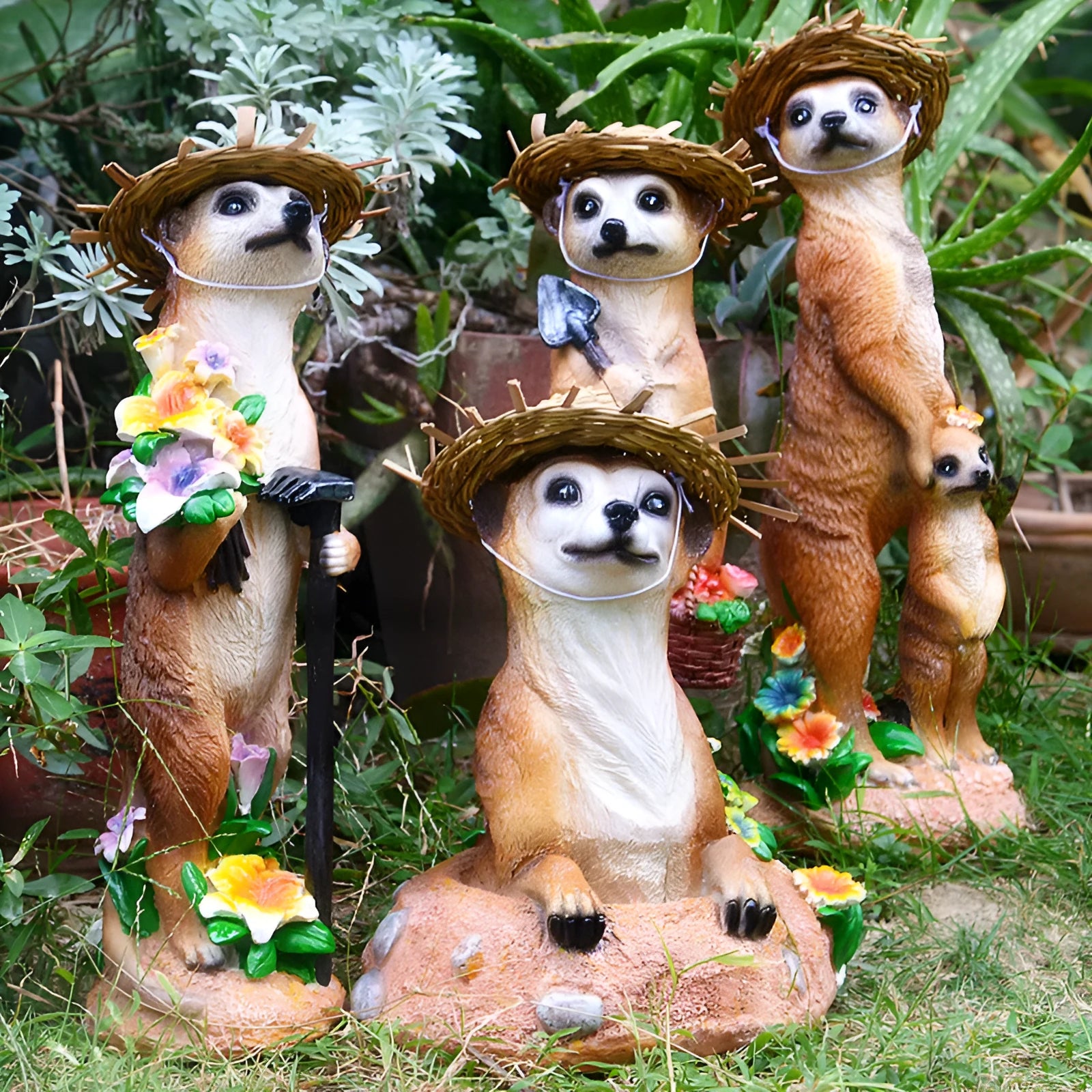 Plastic resin mongoose garden ornament with straw hat in three colour variations