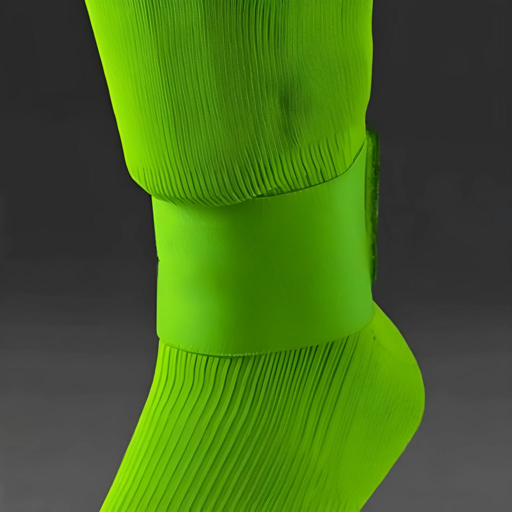 Rubber shin guard fixing strap in red, shown next to a football.