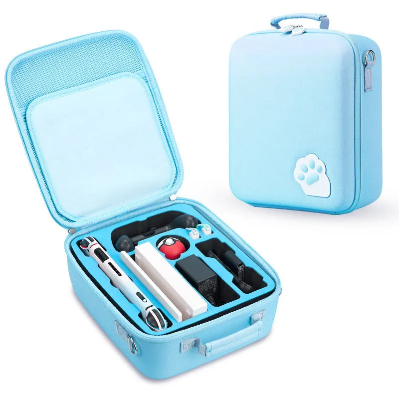 Nintendo Switch game storage bag in blue with shoulder strap and carry handle, showing game cartridge slots