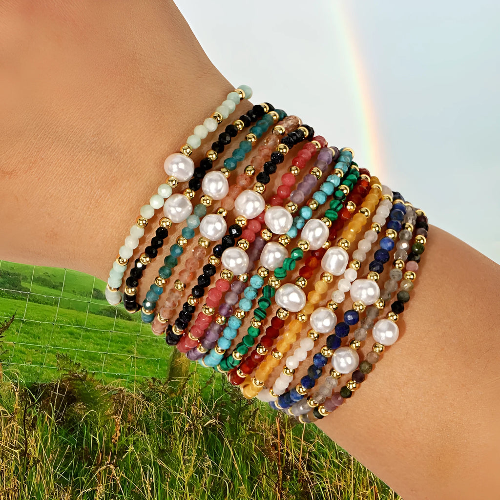 A geometric natural stone bracelet with an ellipse detail, shown in one of fifteen available colour options.