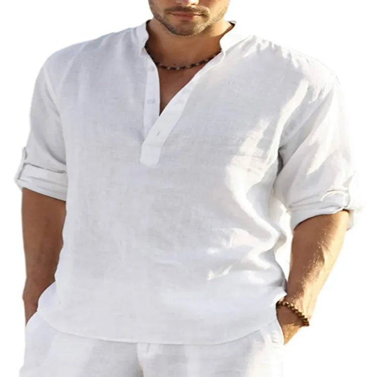 Men's light blue cotton linen casual shirt with a stand collar and button-down front.