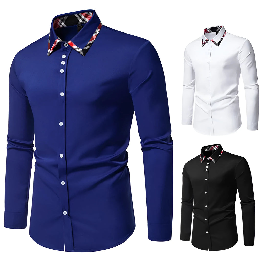 Men's blue plaid contrast casual shirt with triangle collar and long sleeves on a hanger.