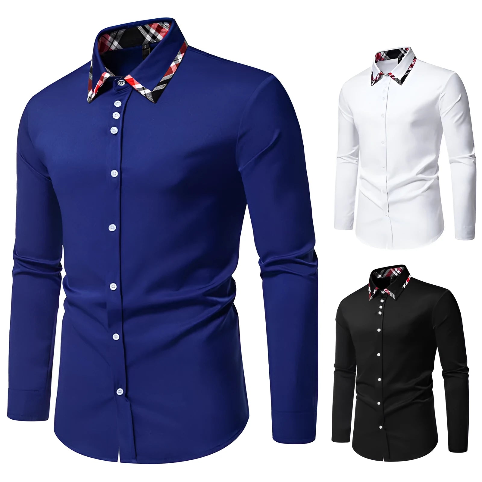 Men's blue plaid contrast casual shirt with triangle collar and long sleeves on a hanger.