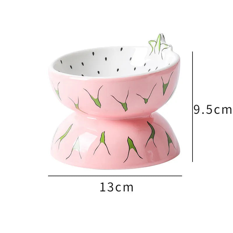 Ceramic raised cat bowl with tilted design and slip-resistant base for food and water feeding