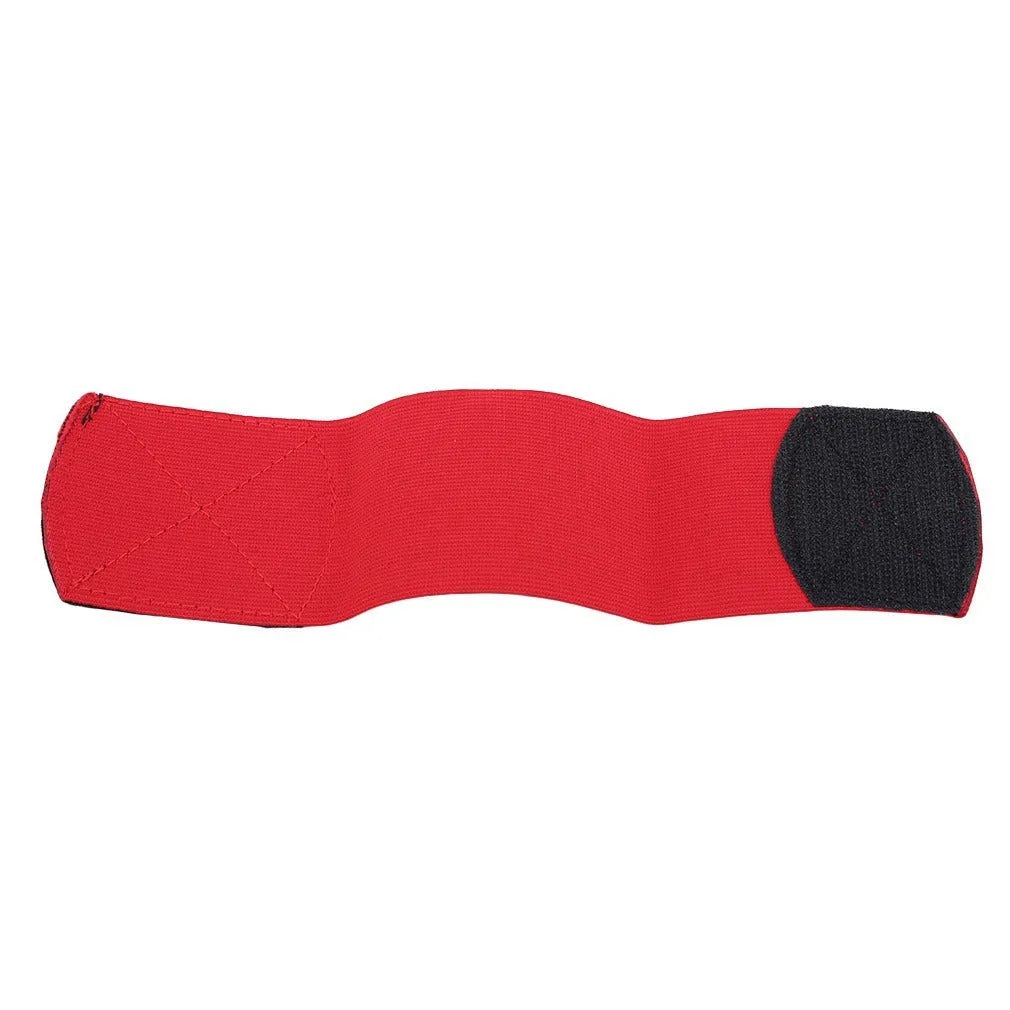 Rubber shin guard fixing strap in red, shown next to a football.