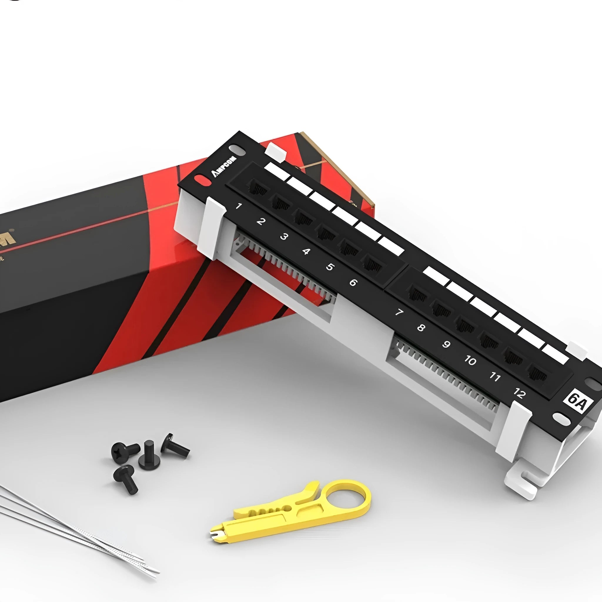 Black 12-port network distribution frame with steel construction for cabinet mounting