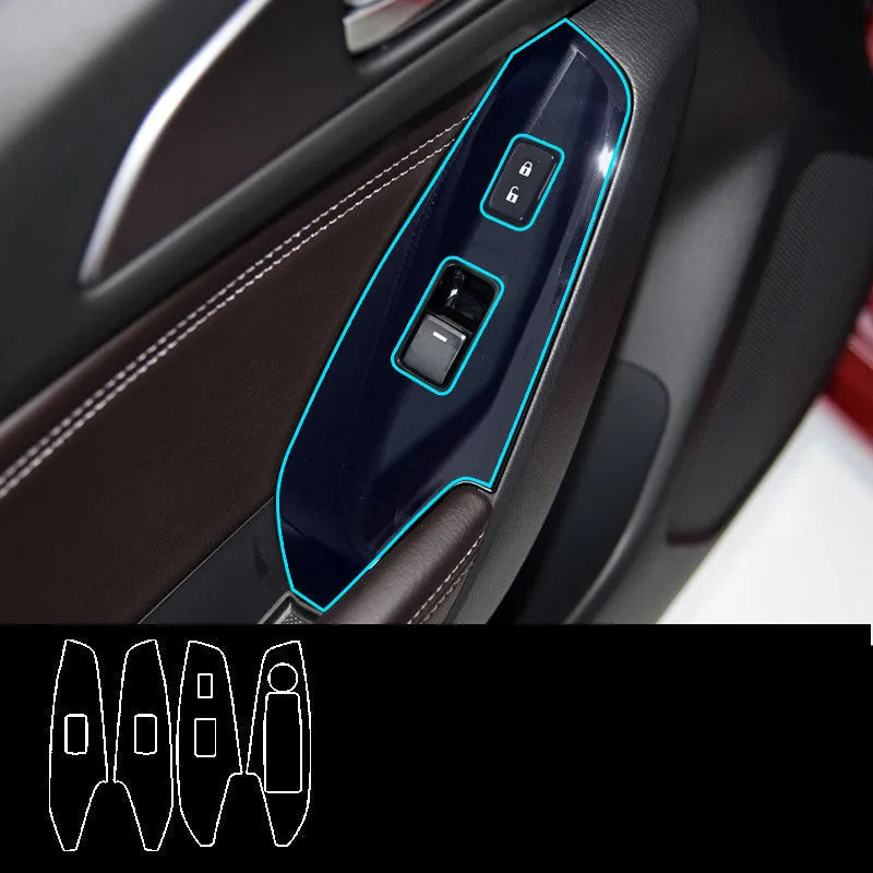 Four TPU protective films for car door control panels on a white background.