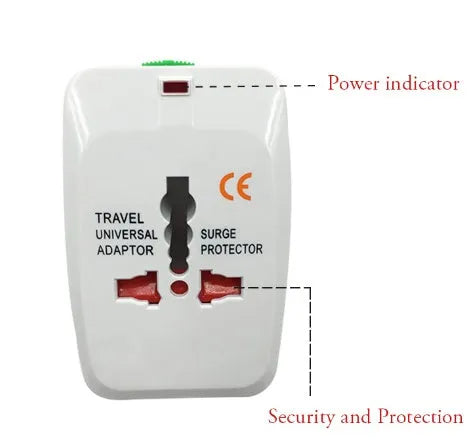 Universal travel adapter plug showing multi-country socket compatibility for mobile charging