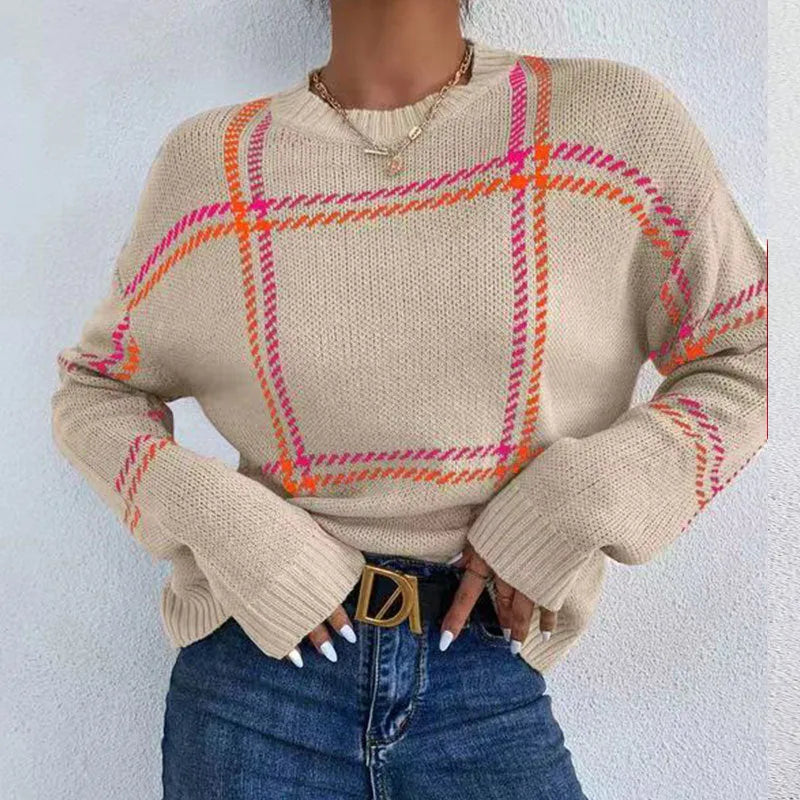 Women's loose fit plaid colour-block acrylic sweater with striped pattern in apricot, black, beige, red, and green