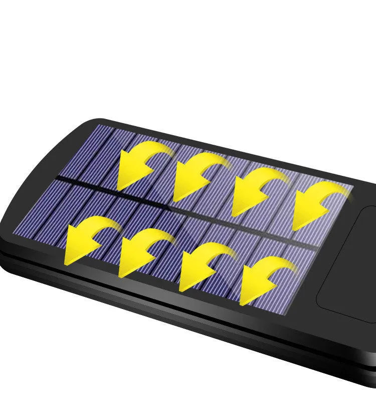 Black outdoor solar-powered motion sensor security light mounted on a wall.