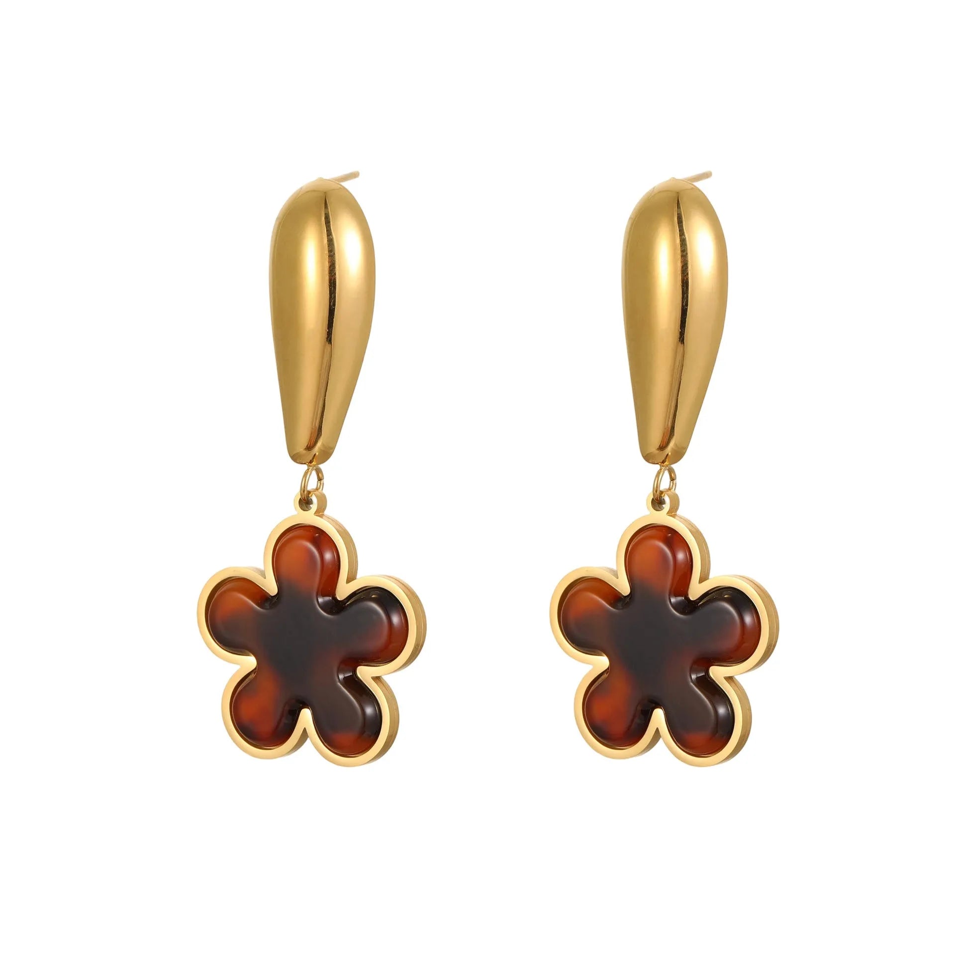 Women's tortoiseshell resin earrings in hawksbill colour with 18K gold plating showing heart and flower geometric designs