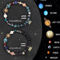 Set of two adjustable natural stone bracelets with zodiac sign charms on beige background