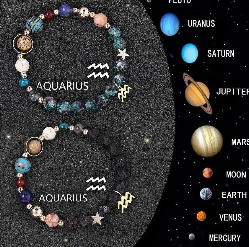 Set of two adjustable natural stone bracelets with zodiac sign charms on beige background