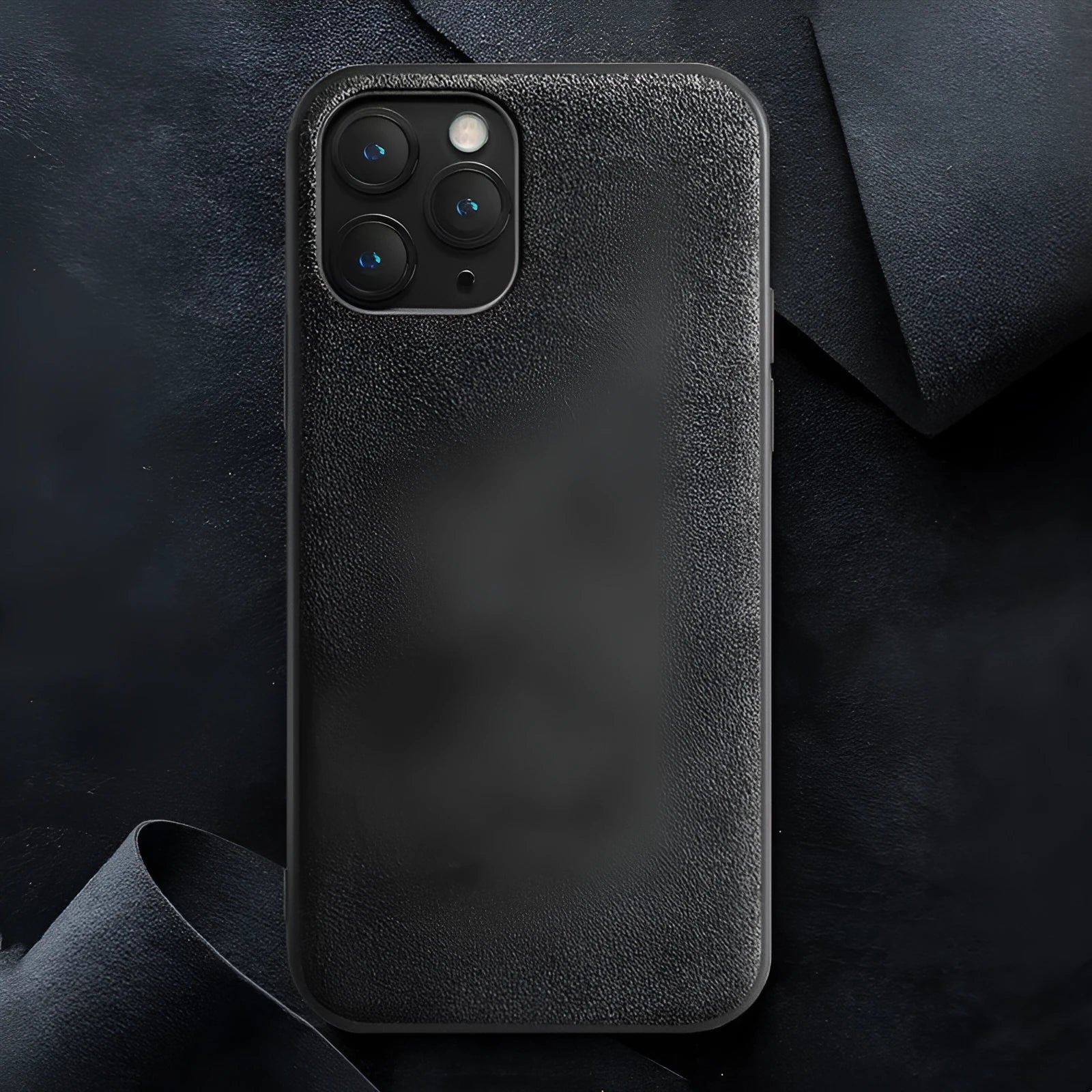 Suede full-cover phone case for iPhone in dark blue, dark night green, or elegant black.