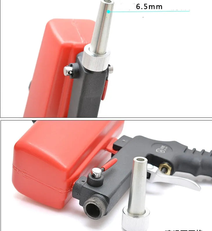 Portable gravity-fed pneumatic sandblasting gun with tank, shown in blue or black.