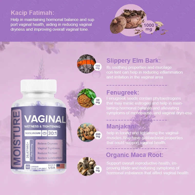 Bottle of 60 vaginal capsules for women's intimate health with plant-based extract formula