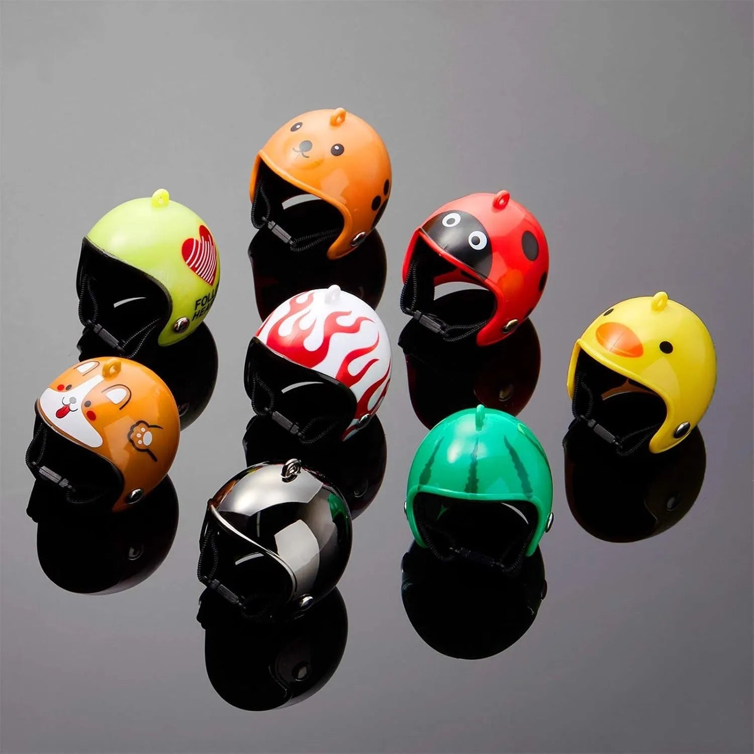 Small hard plastic helmet with elastic straps and sponge lining for a chicken or pet bird.
