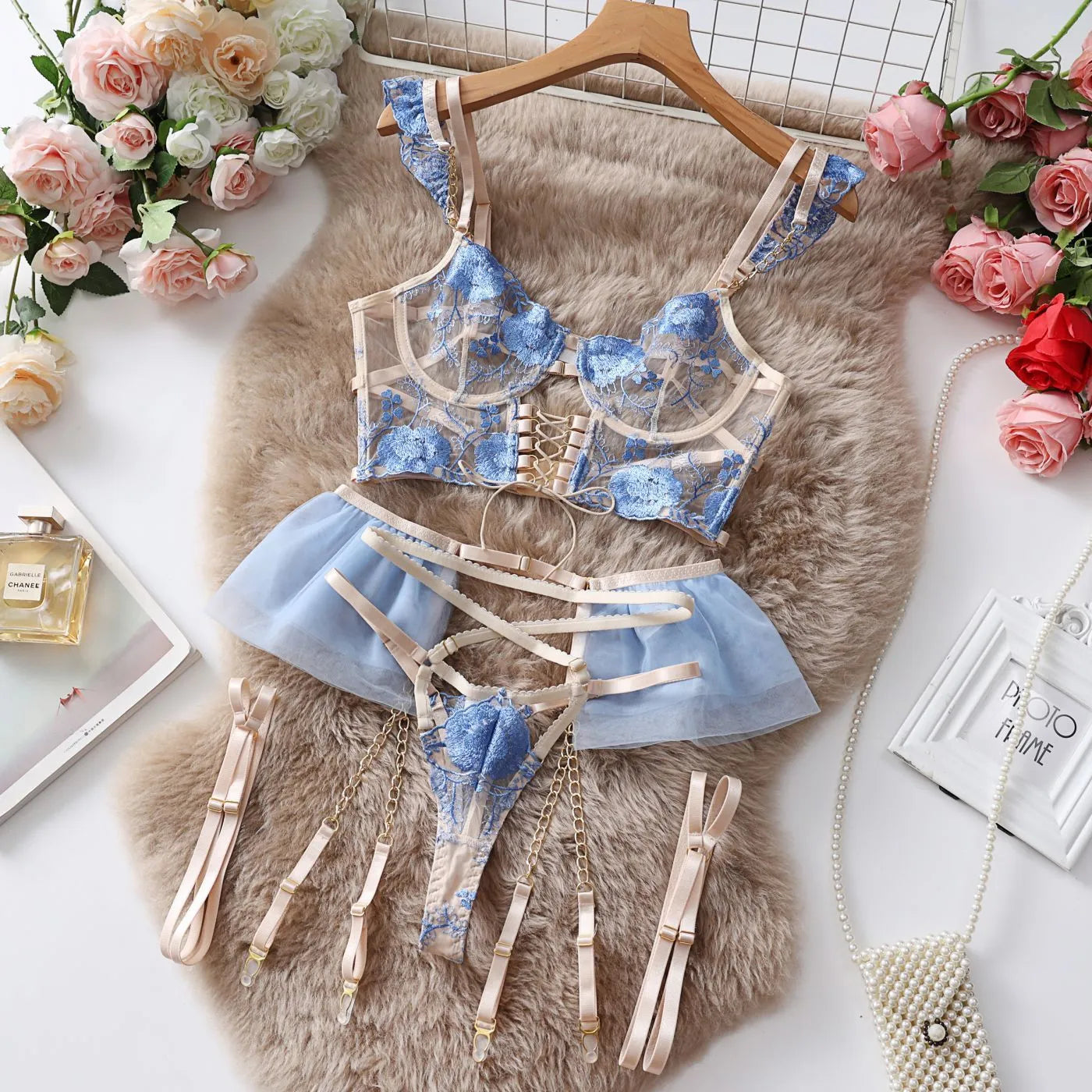 Light blue embroidered mesh underwear set with transparent push up bra and matching briefs
