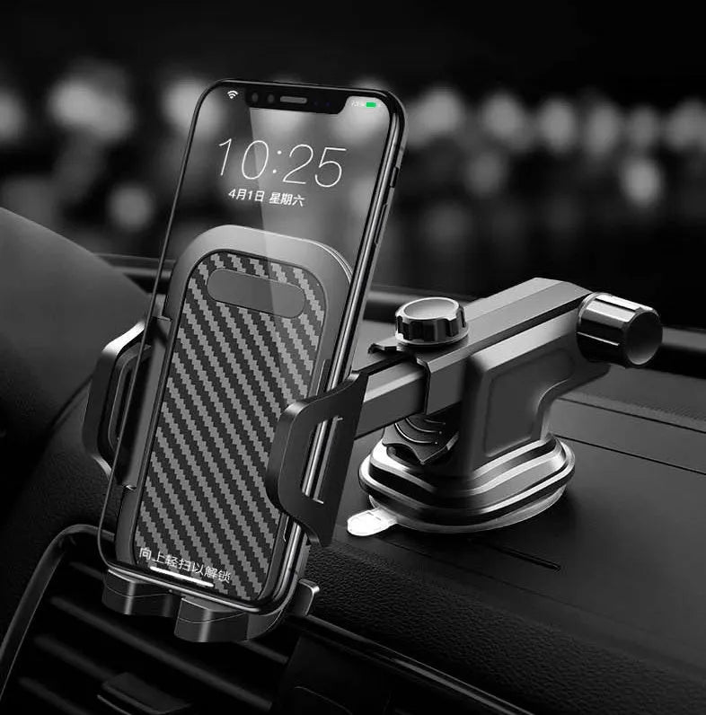 Black adjustable car phone holder for mobile devices 4 to 7 inches wide, showing clip mechanism.