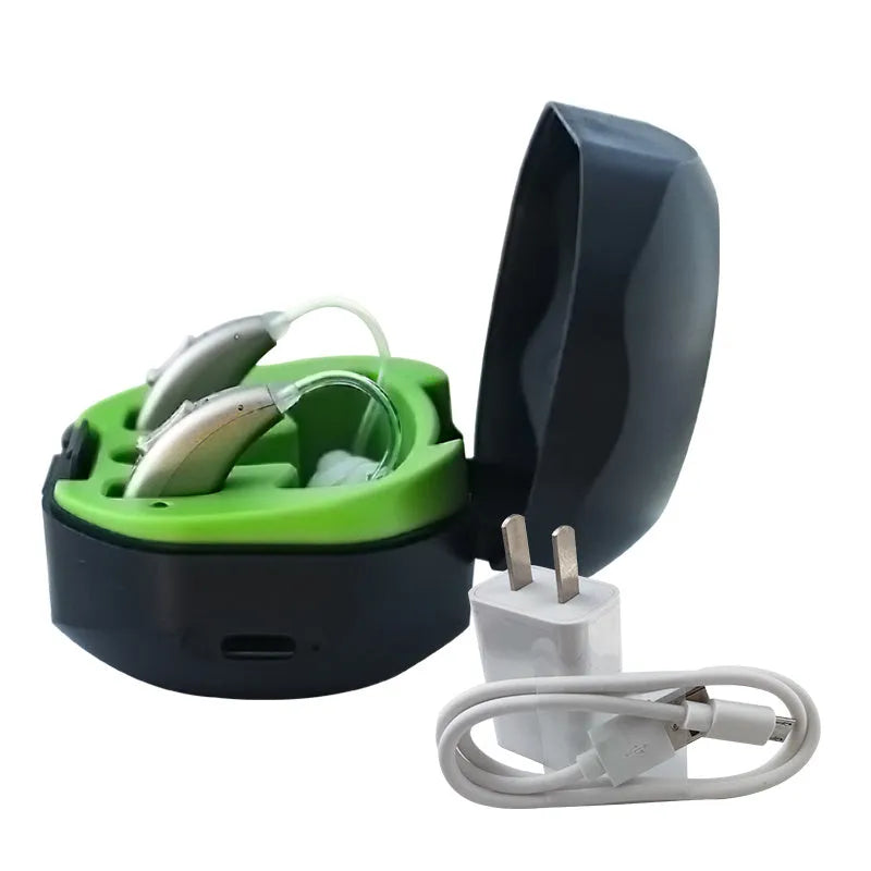Wireless invisible hearing aid with USB charging case showing three listening mode indicators