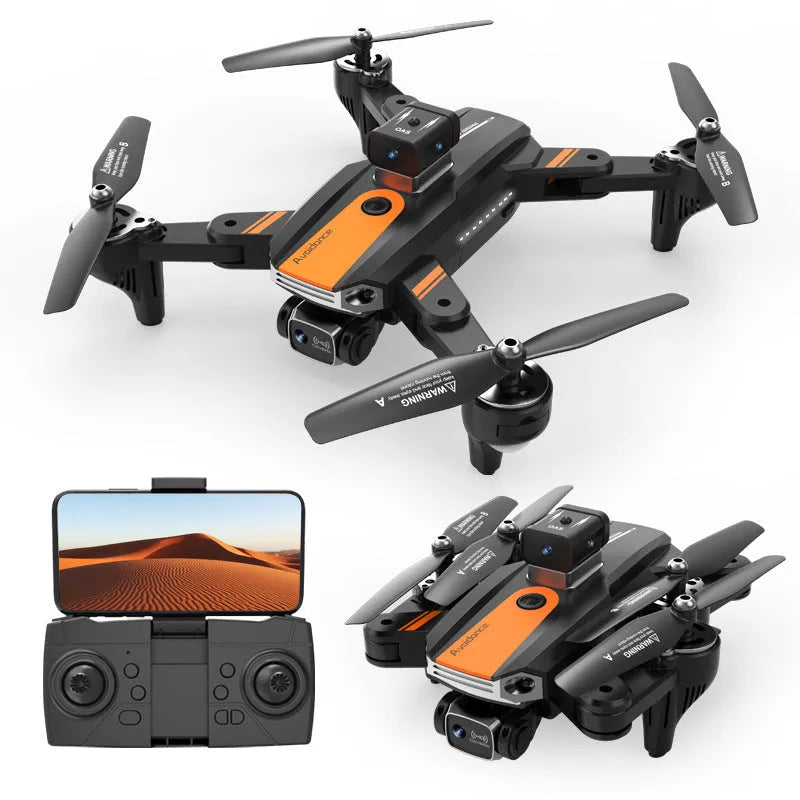 Orange and black quadcopter drone with dual cameras and propeller guards, shown on a white background