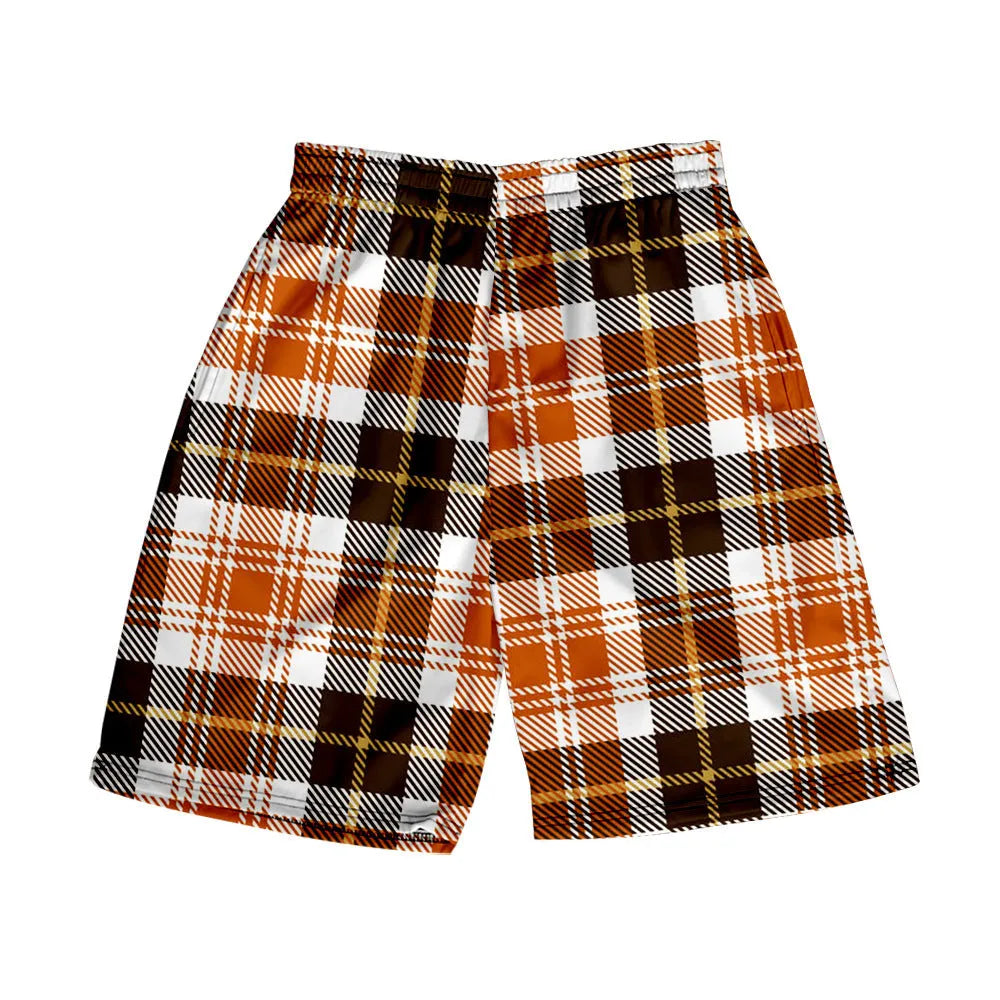 Men's plaid polyester shorts with elastic waistband in straight cut design