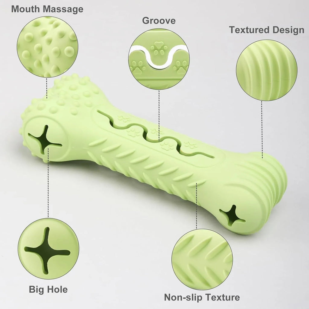 Blue bone-shaped dog chew toy made from natural rubber with textured surface for teeth cleaning