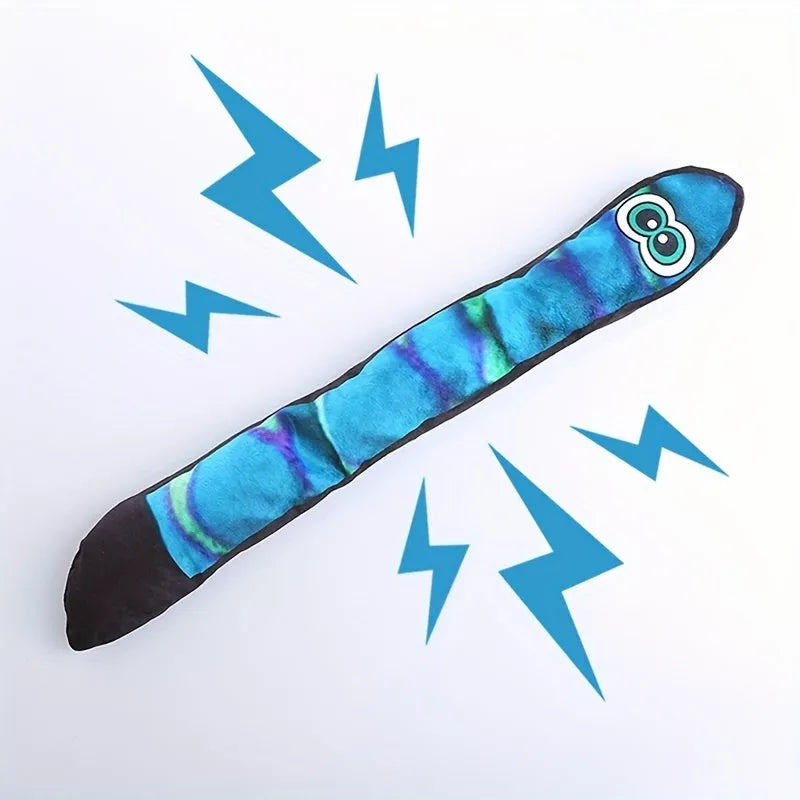 Snake-shaped plush dog squeak toy with rainbow stripe print for chewing and interactive play