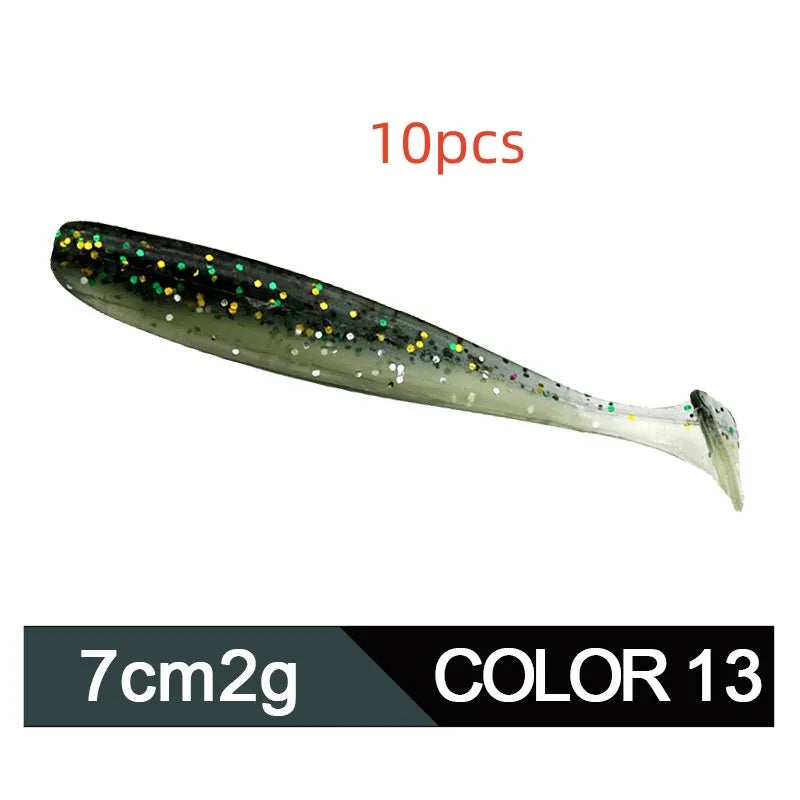 A 7cm long, two-tone T-tail soft worm fishing lure for mandarin fish and topmouth culter.