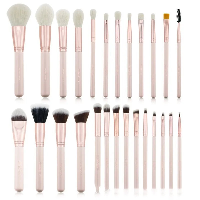 26 pink makeup brushes with wooden handles in portable case
