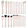 26 pink makeup brushes with wooden handles in portable case